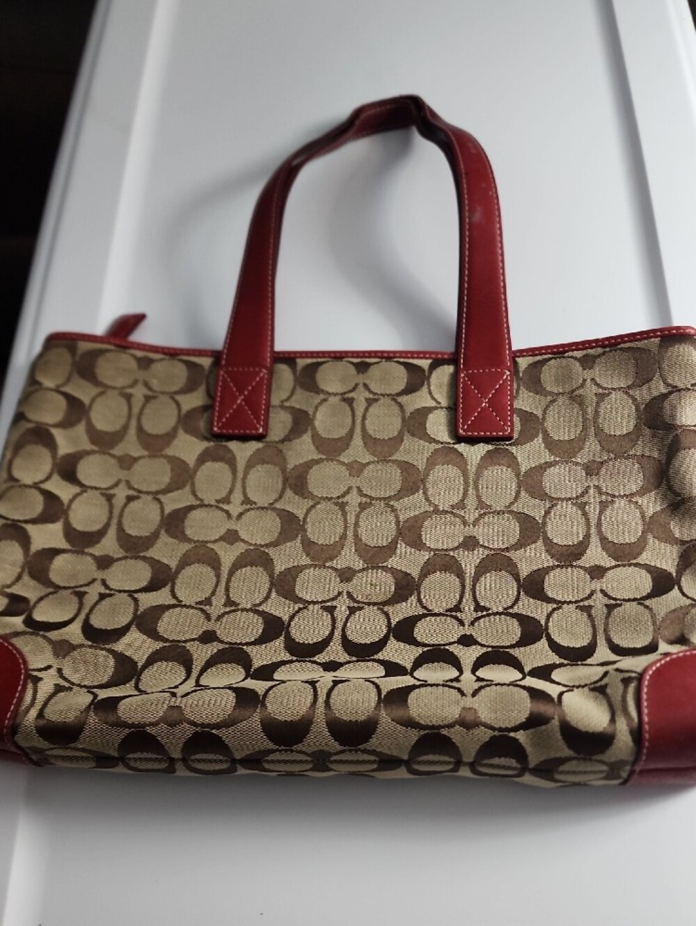 Coach Tan Signature Canvas Tote with Red Leather Trim - Picture 2 of 4